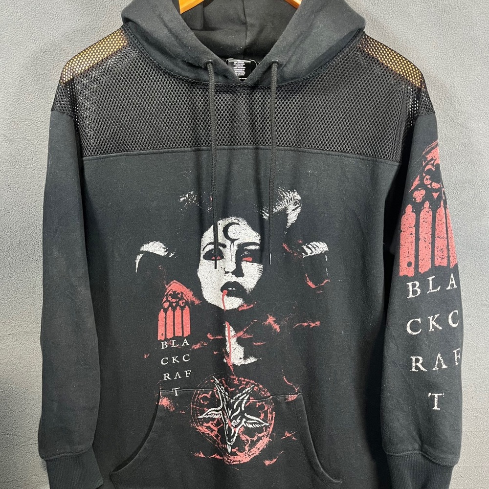 Blackcraft Cult Occult Graphic Mesh Shoulder Hoodie Black Medium Baphomet Gothic